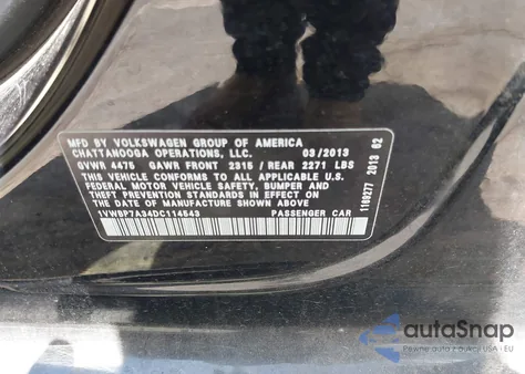 2013 Volkswagen Passat 2.5L Se из США, поврежденный, VIN 1VWBP7A34DC114543